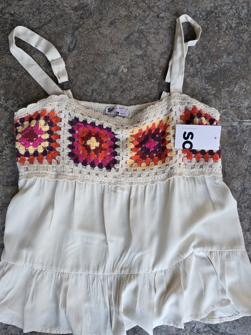NEW SO Cream Top with Multicolor Crochet Front - Picture 7 of 7
